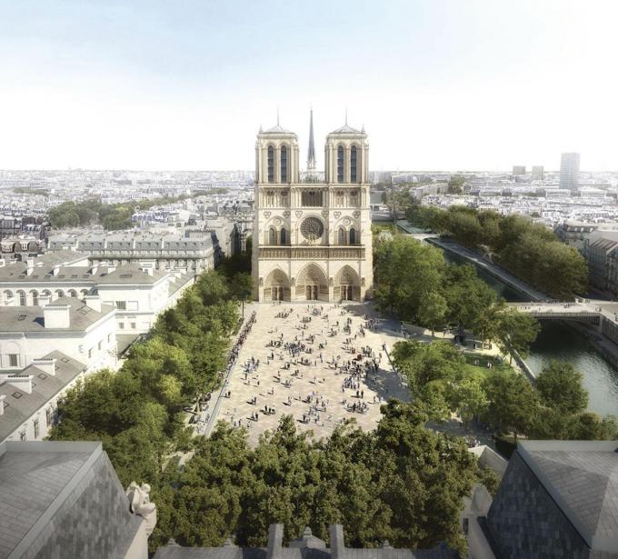 ‘Het plein voor de Notre-Dame zal onder een laagje water staan bij hoge temperaturen. Dat creëert koelte.’