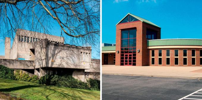 Om het verschil te duiden tussen banaal en minimalistisch design vergelijkt Quirke het brutalistische Dunelm House (links) met voorbeelden van zielloze architectuur.