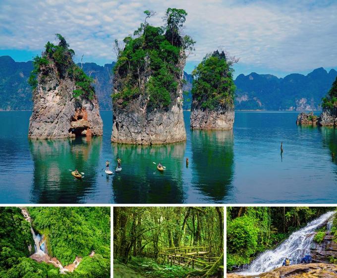 De gauche à droite : Khao Sok national park, Surat Thani (Three brothers rocks) - Khao Yai national park, Nakhon Ratchasima (Hew Narok waterfall) - Doi Inthanon national park (forest bathing) - Doi Inthanon national park
