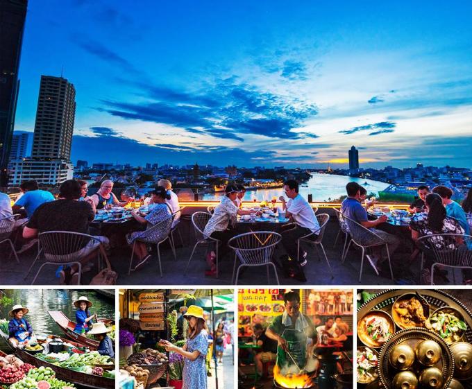 De gauche à droite : Rooftop – Floating market – Market in Bangkok – Street Food – Thai food