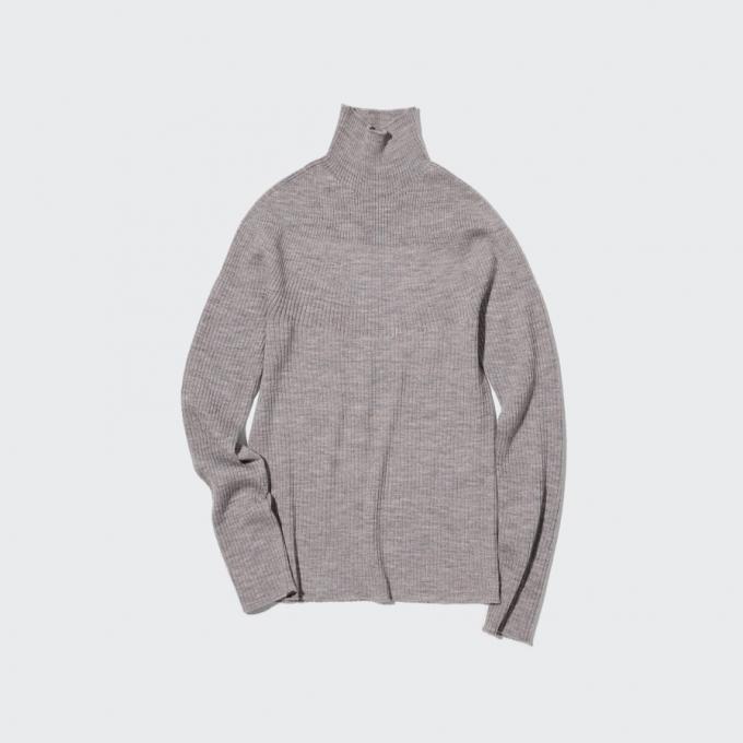 3D knit extra fine merino ribbed high neck in grijs