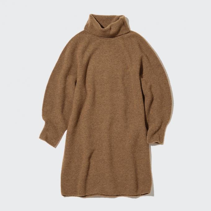 3D knit souffle yarn turtleneckjurk in bruin