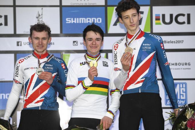 Le podium 100% britannique des Mondiaux de cyclo-cross juniors en 2017: Tom Pidcock est entouré de Daniel Tulett, deuxième, à gauche, et Ben Turner, troisième, à droite.