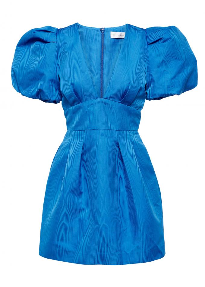 Blauwe v-hals jurk met pofmouwen