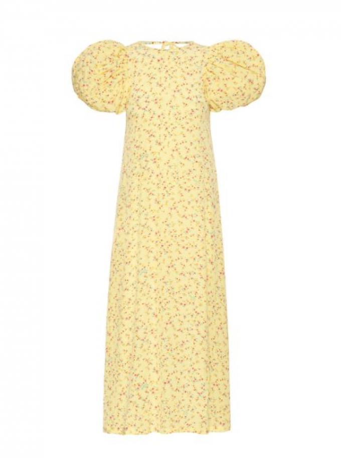 Gele jurk met miniatuurbloemetjes met pofmouwen