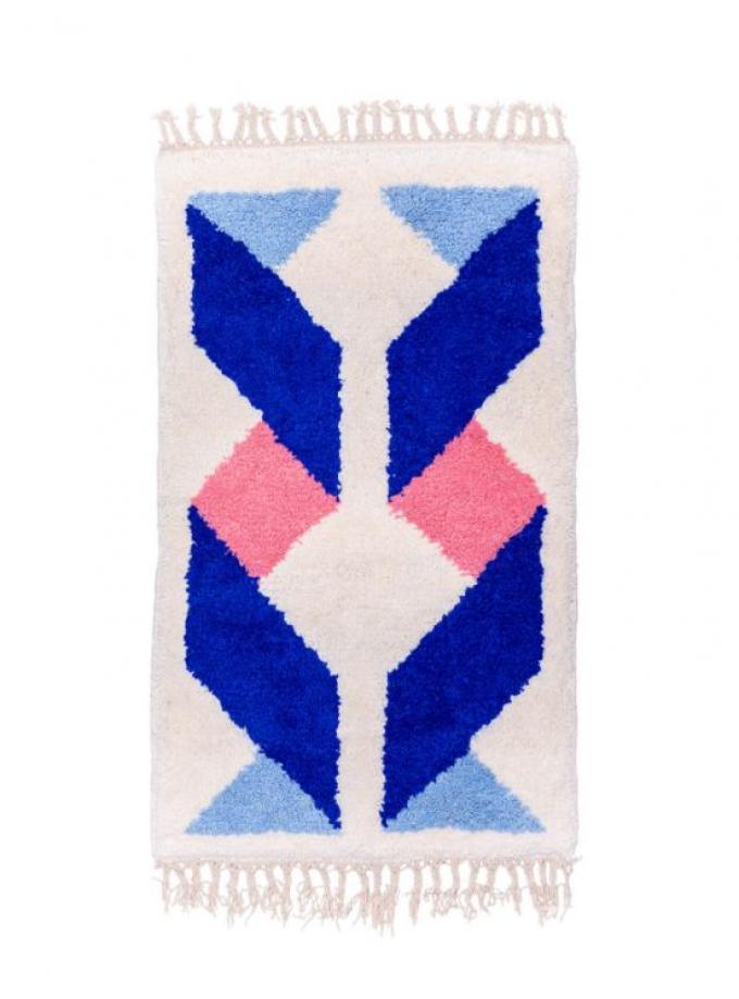 Handgeknoopt tapijt met kobaltblauw en roze