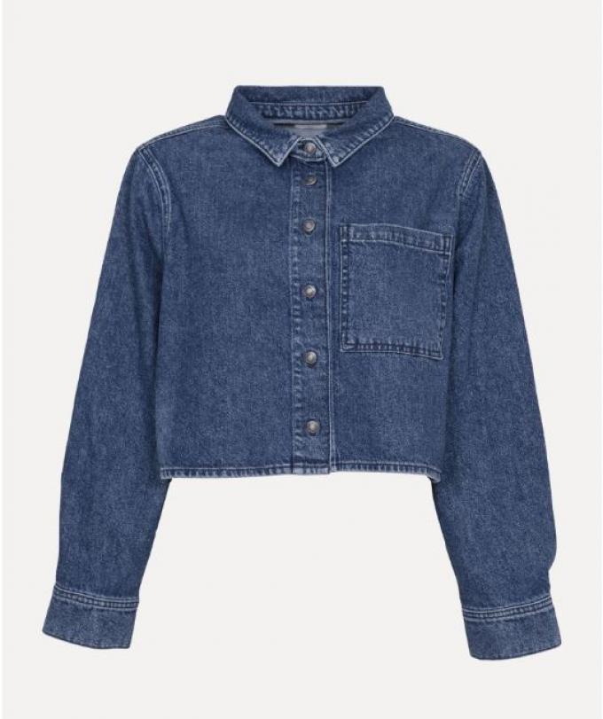 Stoer donkerblauw jeanshemd in cropped model