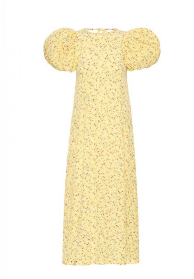 Pastelgele maxi-jurk met pofmouwen en bloemen