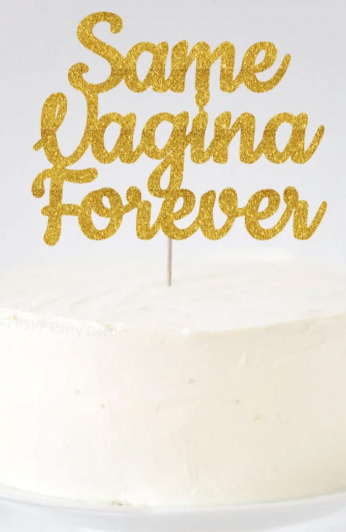 Goudkleurige caketopper 'Same vagina forever'