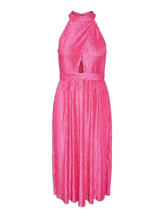 Roze plissé midi-jurk met halternek