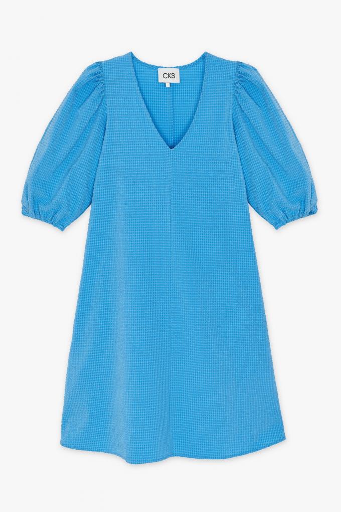 Korte blauwe jurk met pofmouwen