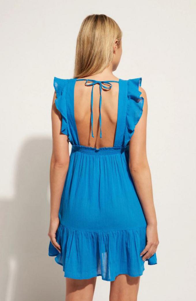 Blauw jurk met rugdecolleté