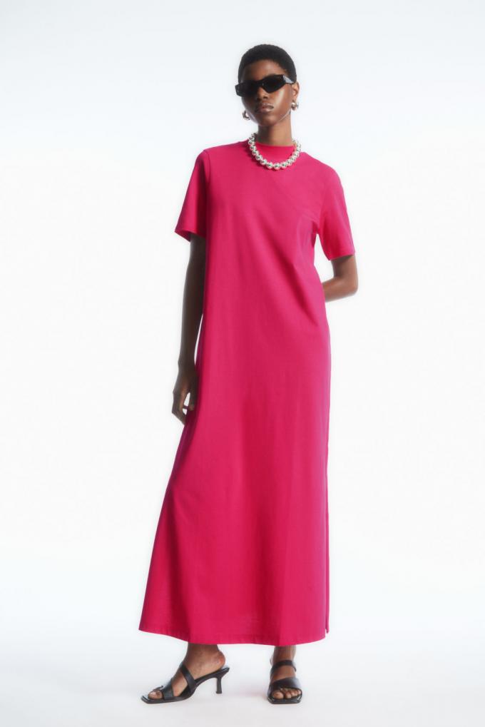 Maxi T-shirt jurk in fuchsia 