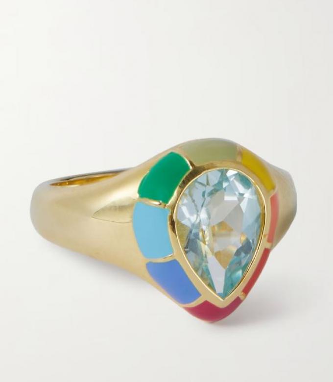 Kleurrijke ring in goud, glazuurwerk en topaas 