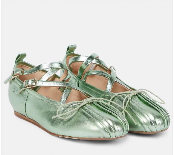 Leren ballerina's in metallic met riempjes