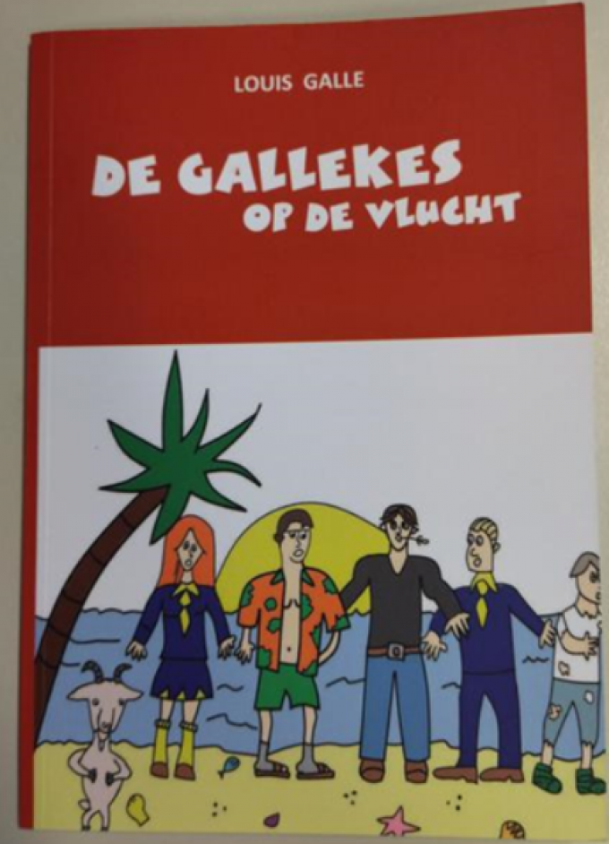 De cover van het boek met (v.l.n.r.) Nora, Louis, Thibault, Vic en Sem.