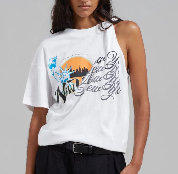 Off-shoulder T-shirt met tropische beach-print