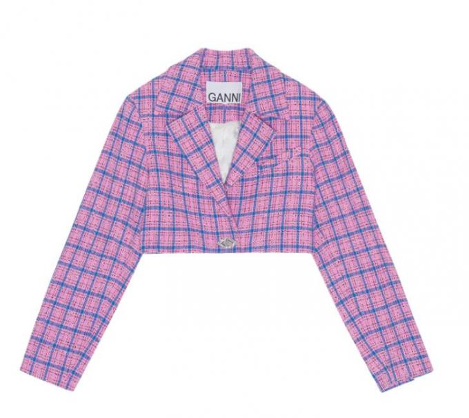 Cropped tweed blazer met roze-blauwe ruit