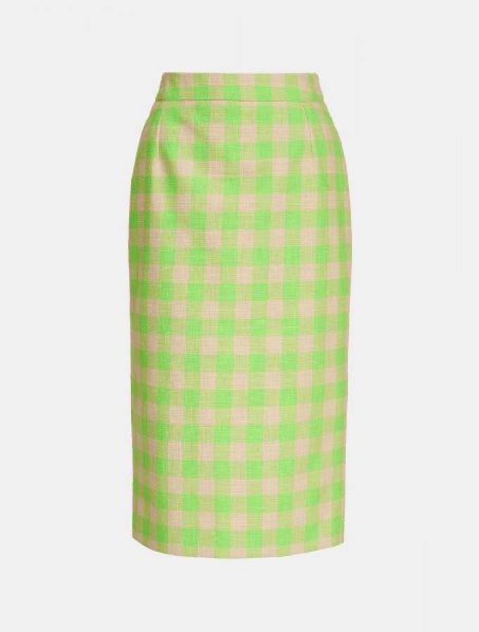 Fluogroene en beige midirok met ruitjes 