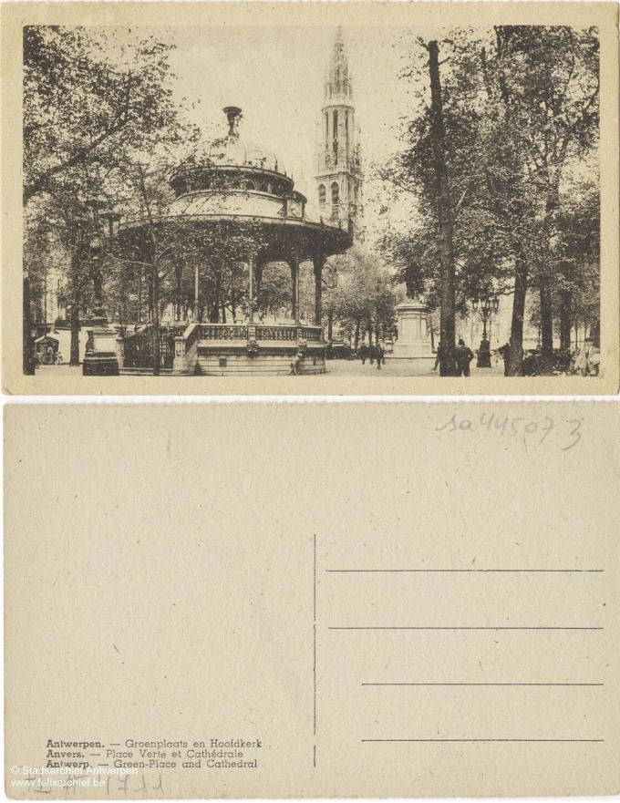 Kaart uit 1948. De kiosk hoort bij de Groenplaats in Antwerpen zoals de Eiffeltoren bij Parijs. Of Devos bij Lemmens op een pot mayonaise.