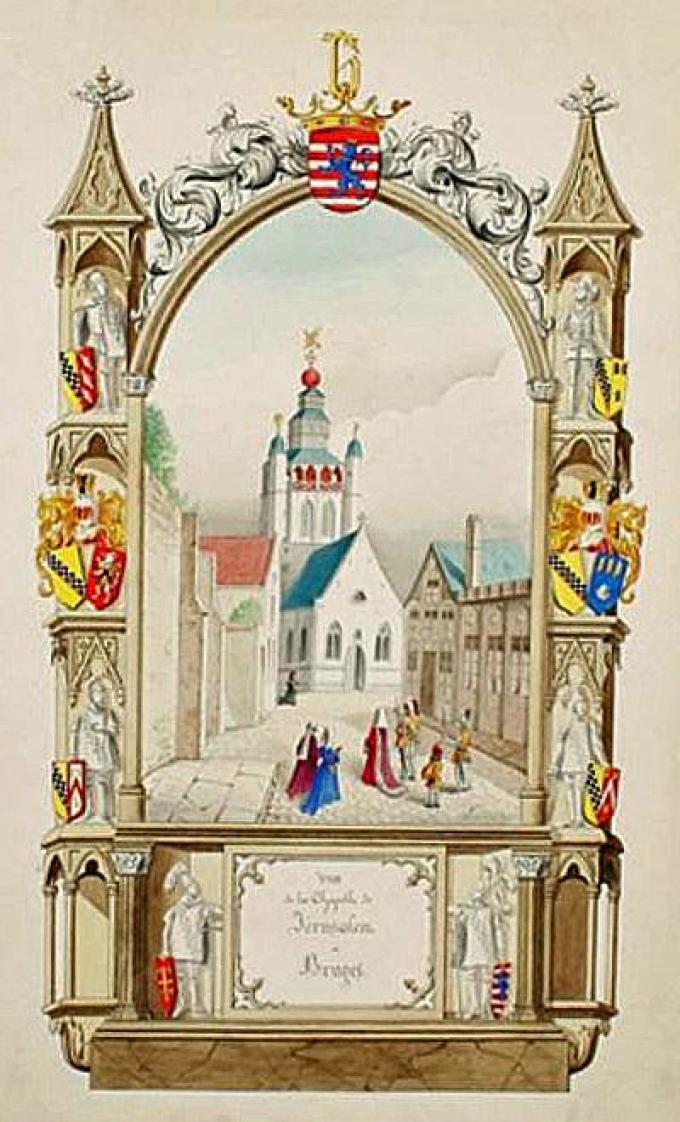 In het album ‘Jérusalem a Bruges’ (1842) verscheen deze miniatuur van de Jeruzalemkapel in Brugge. (gf)