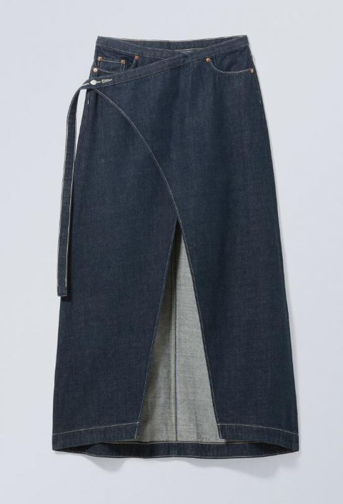 Bindbare denim rok met split en taille-lint