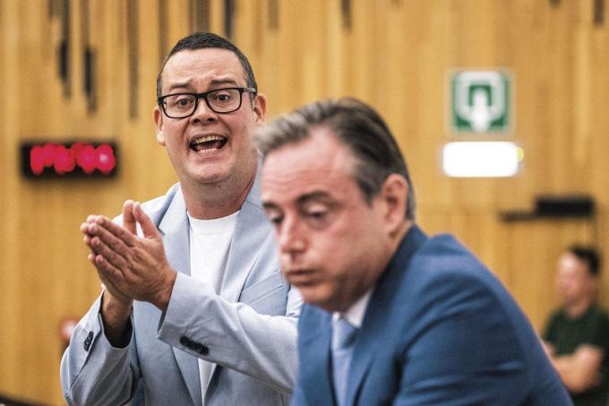 Raoul Hedebouw (PVDA) en Bart De Wever (N-VA). ‘Blijkbaar vindt de N-VA dat democratie en rechtsstaat lijnrecht tegenover elkaar staan.’