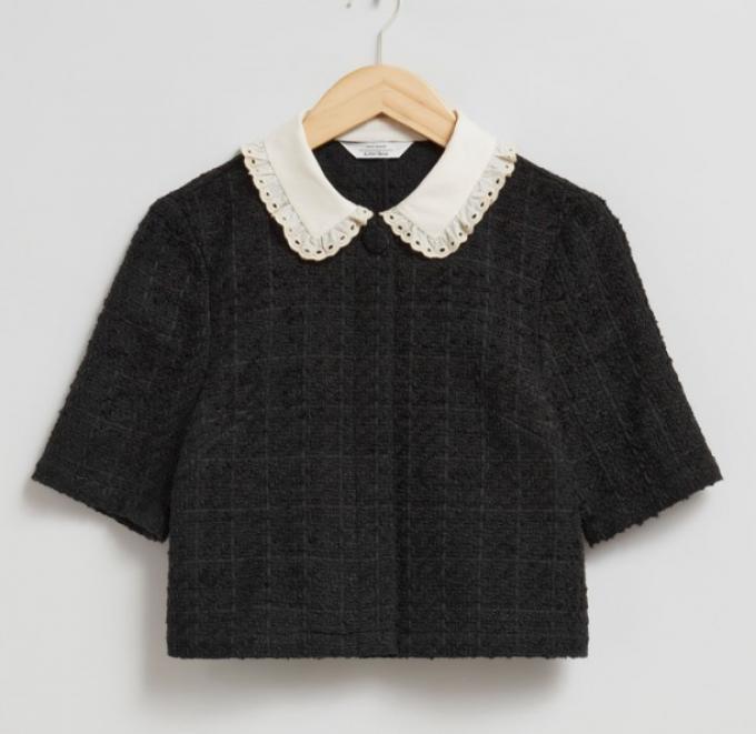 Tweed-blouse met vintage patroon en kanten kraag 