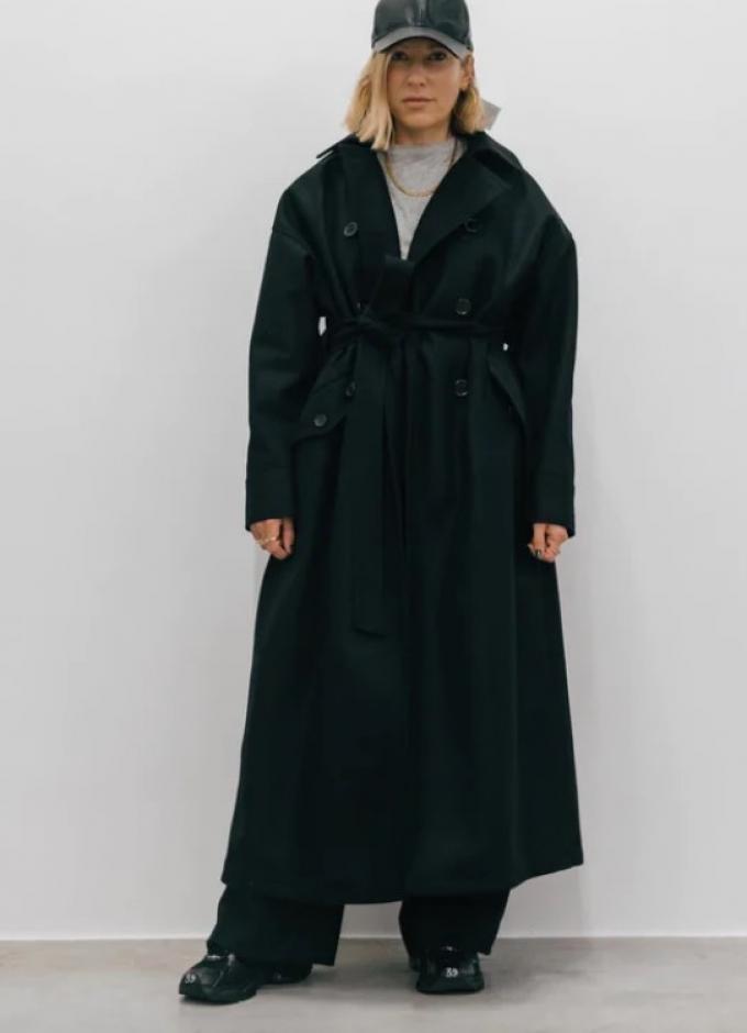 Lange oversized trenchcoat in zwarte wolblend 