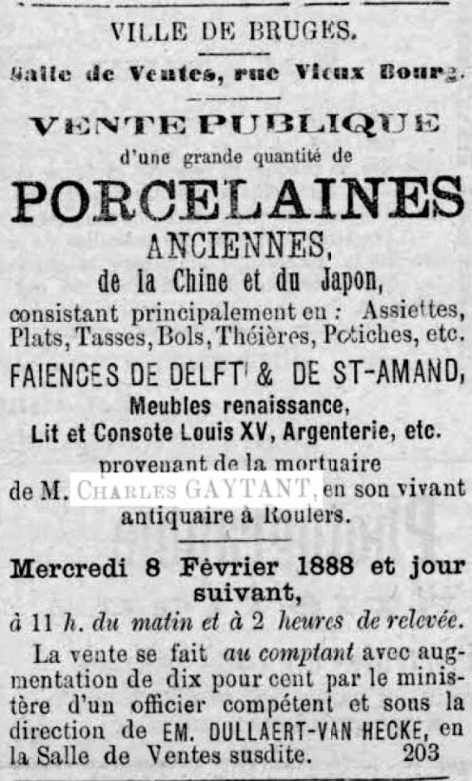 Advertentie die de veiling van Emerances vader antiquariaat Charles Gaytant aankondigt.