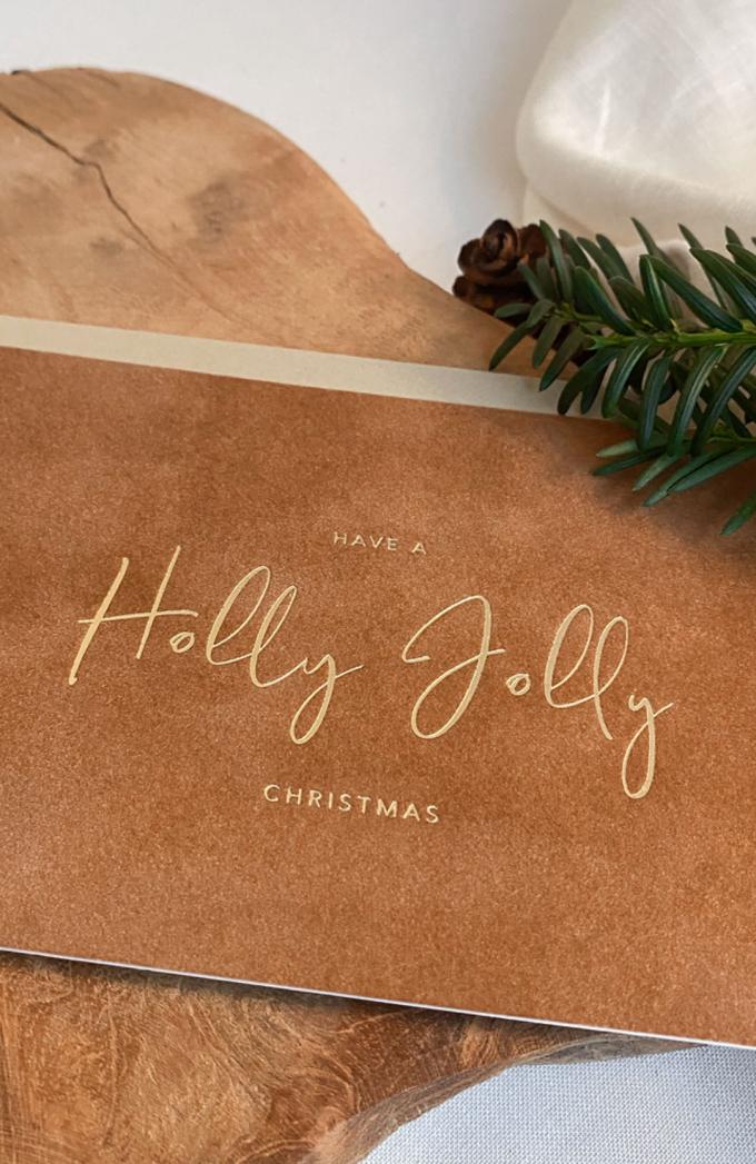 Wenskaart op fluweel papier 'Holly jolly christmas'