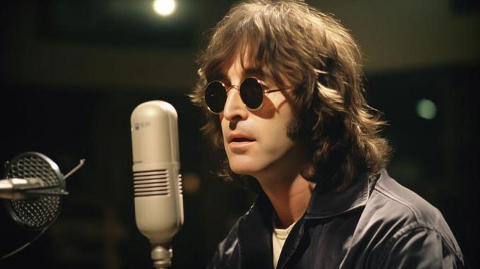 /imagine prompt color photo of John Lennon recording vocals at Abbey Road Studios --ar 16:9