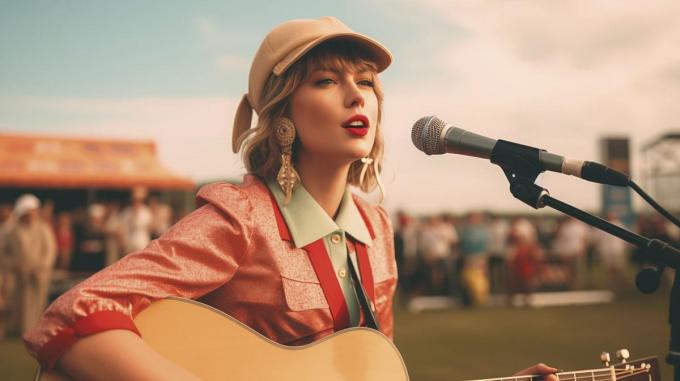 /imagine prompt Taylor Swift performs at a festival in Wes Anderson style --ar 16:9