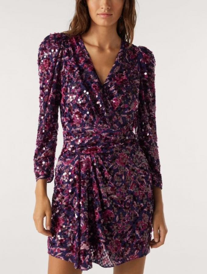Korte paarse wrap dress met bloemenprint en strass