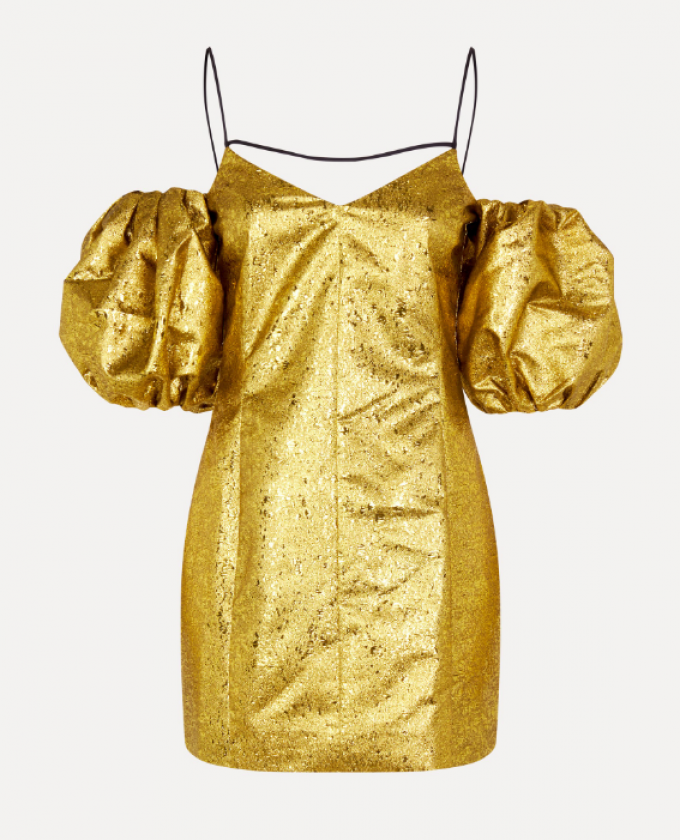 Gouden mini-jurk met off-shoulder ballonmouwen 