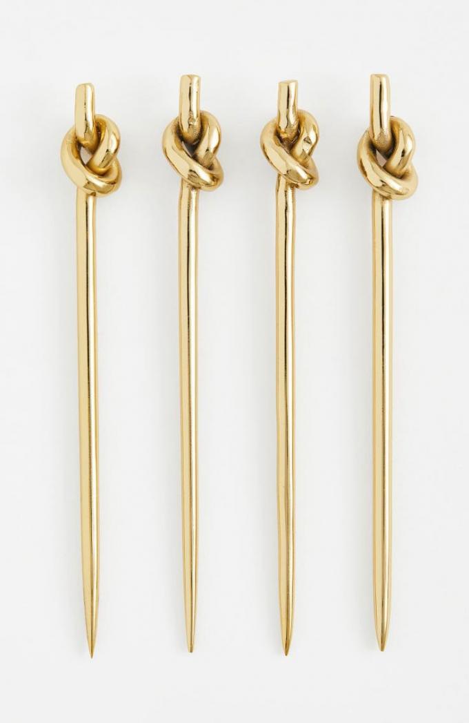 Set van vier goudkleurige cocktailprikkers uit rvs (11 cm)