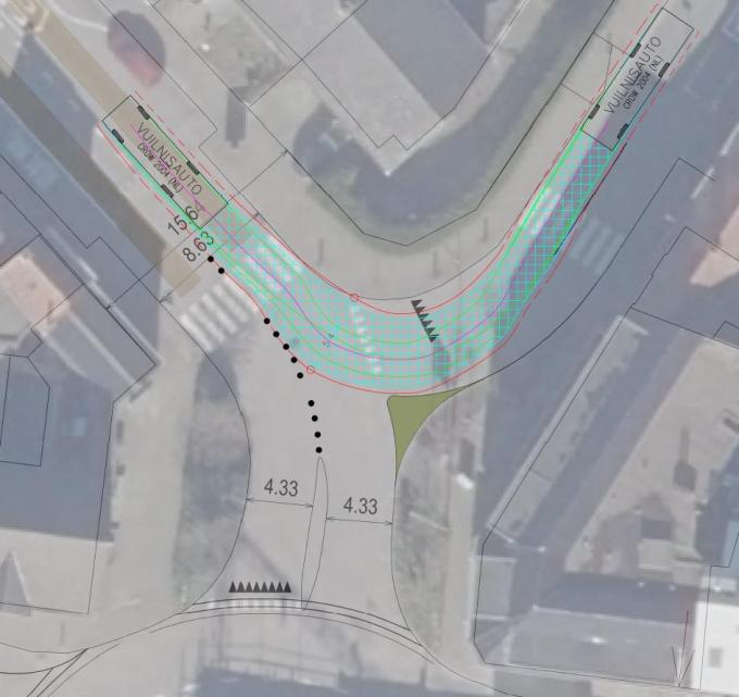 De nieuwe situatie aan den Bek. De zwarte stippen zijn paaltjes. Onderin in beeld staan op dit moment de betonblokken.