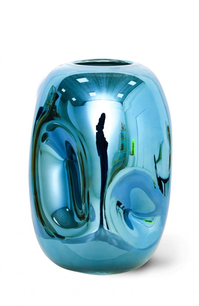 Glazen vaas met blauwe, chroom afwerking (H 21,5 x B 14,5 x D 14,5 cm)