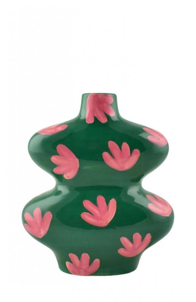 Groene keramische vaas met roze bloemendessin 'Julia' 