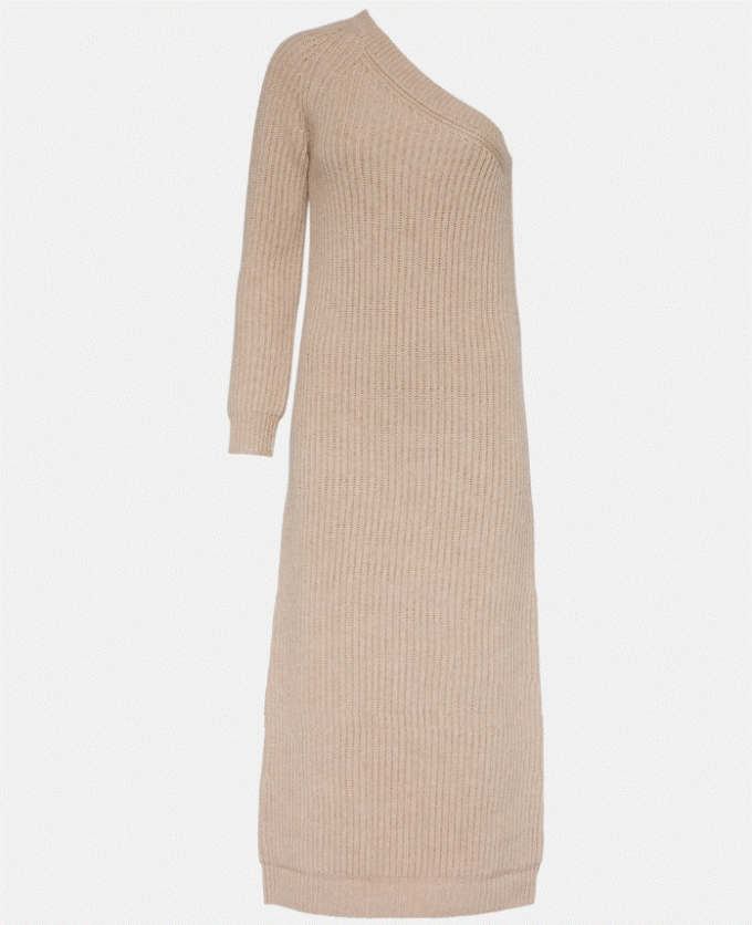 Lange gebreide trui-jurk met asymmetrische halslijn