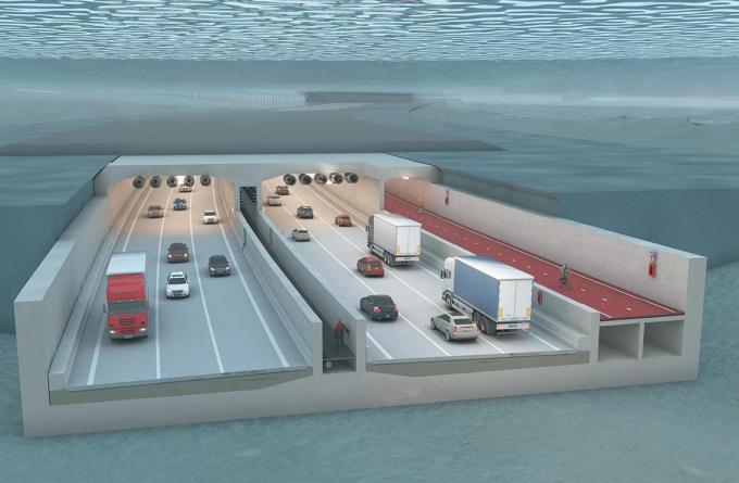 Een maquette van de toekomstige Scheldetunnel. De 1,8 kilometer lange tunnel heeft in beide richtingen drie rijstroken, een vluchtkoker in het midden van de tunnel en een afzonderlijke koker van zes meter breed om fietsers en voetgangers de oversteek te laten maken.