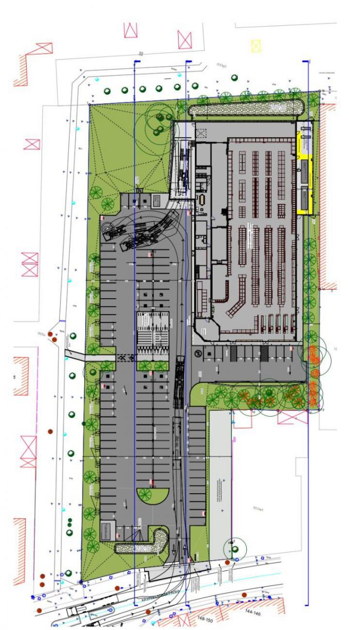 Het inplantingsplan, dus hoe de nieuwe Lidl er uit zou zien, met onderaan de oprit via de Kasteelstraat.