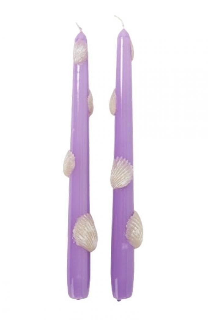 Set van twee lila dinerkaarsen met 3D-schelpen (H 25 cm)