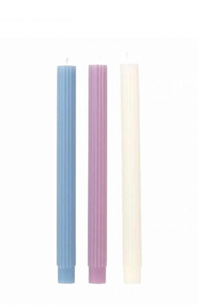 Set van drie geribbelde dinerkaarsen in blauw, lila en wit (H 25 cm)