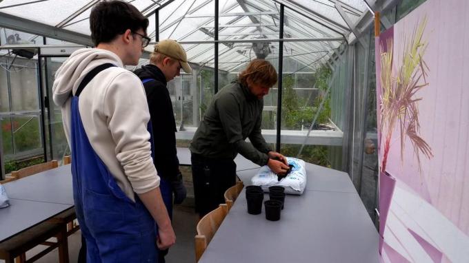 Tuinleerkracht Keven Vandenbunder geeft uitleg aan de Tuinklas in de ACD serre van BuSO Kortrijk.