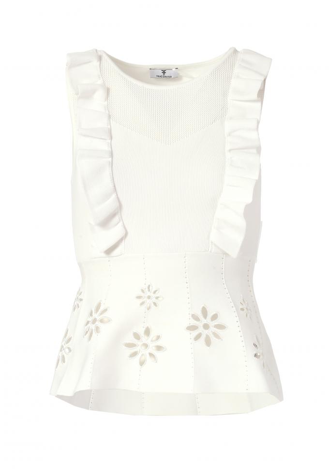 Witte top met ruches en broderie 