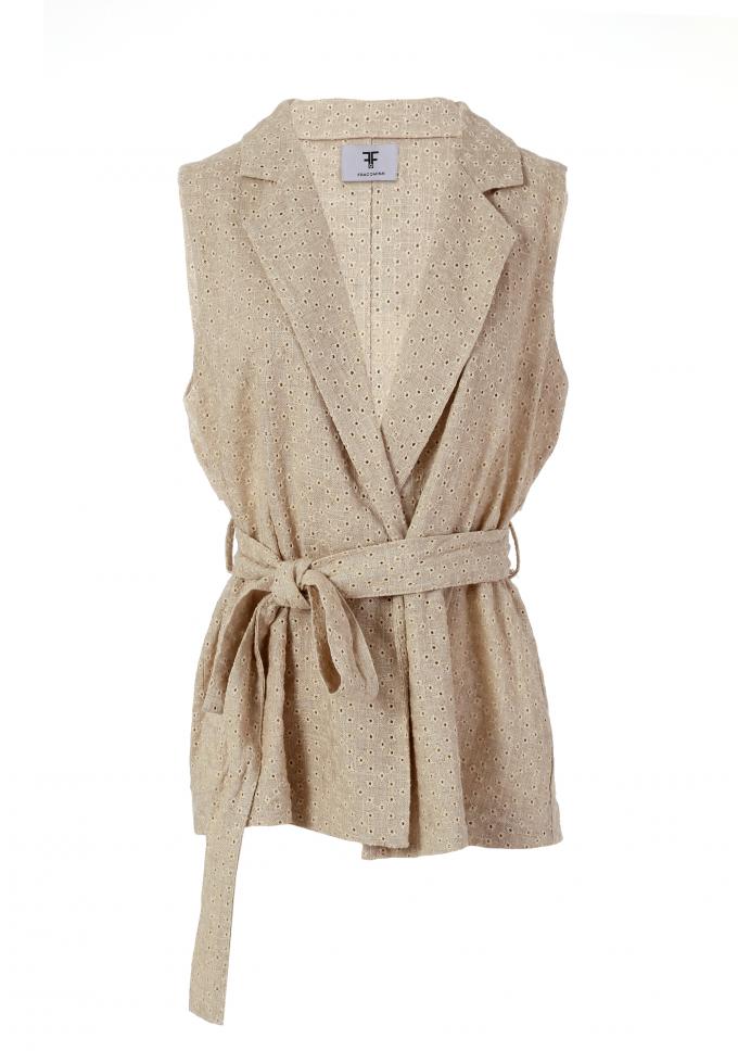 Beige mouwloze blazer met broderie 