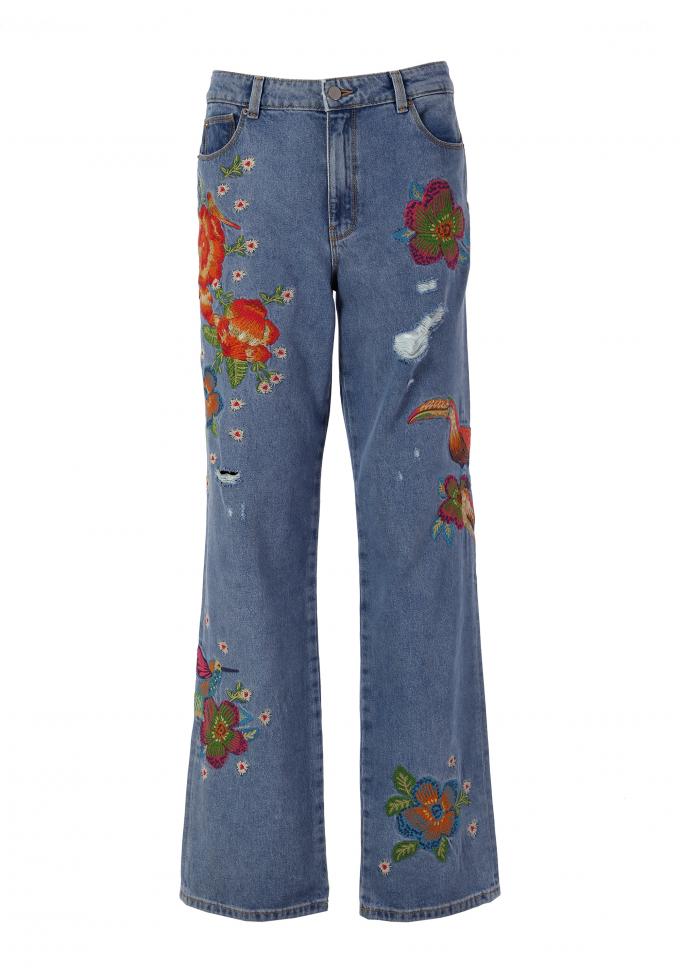 Wijde jeans met geborduurde bloemen en vogels