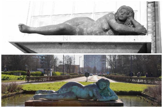 ‘De Zee’/'Dikke Mathille' op haar oorspronkelijke plek (bovenaan) vlak aan Kursaal Oostende en op de huidige locatie (onderaan) in de Leopold II-laan.