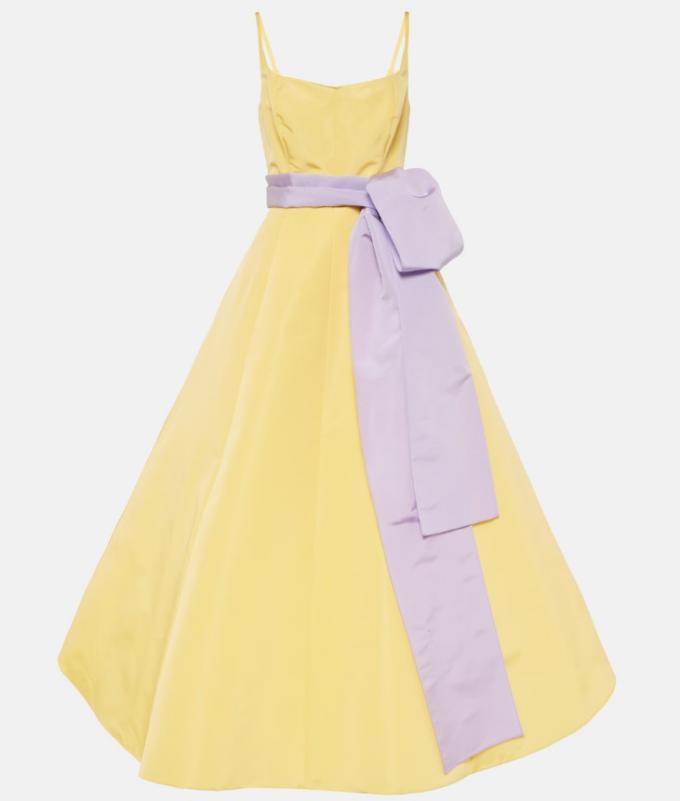 Botergele jurk in wijd uitlopend model met paarse strik